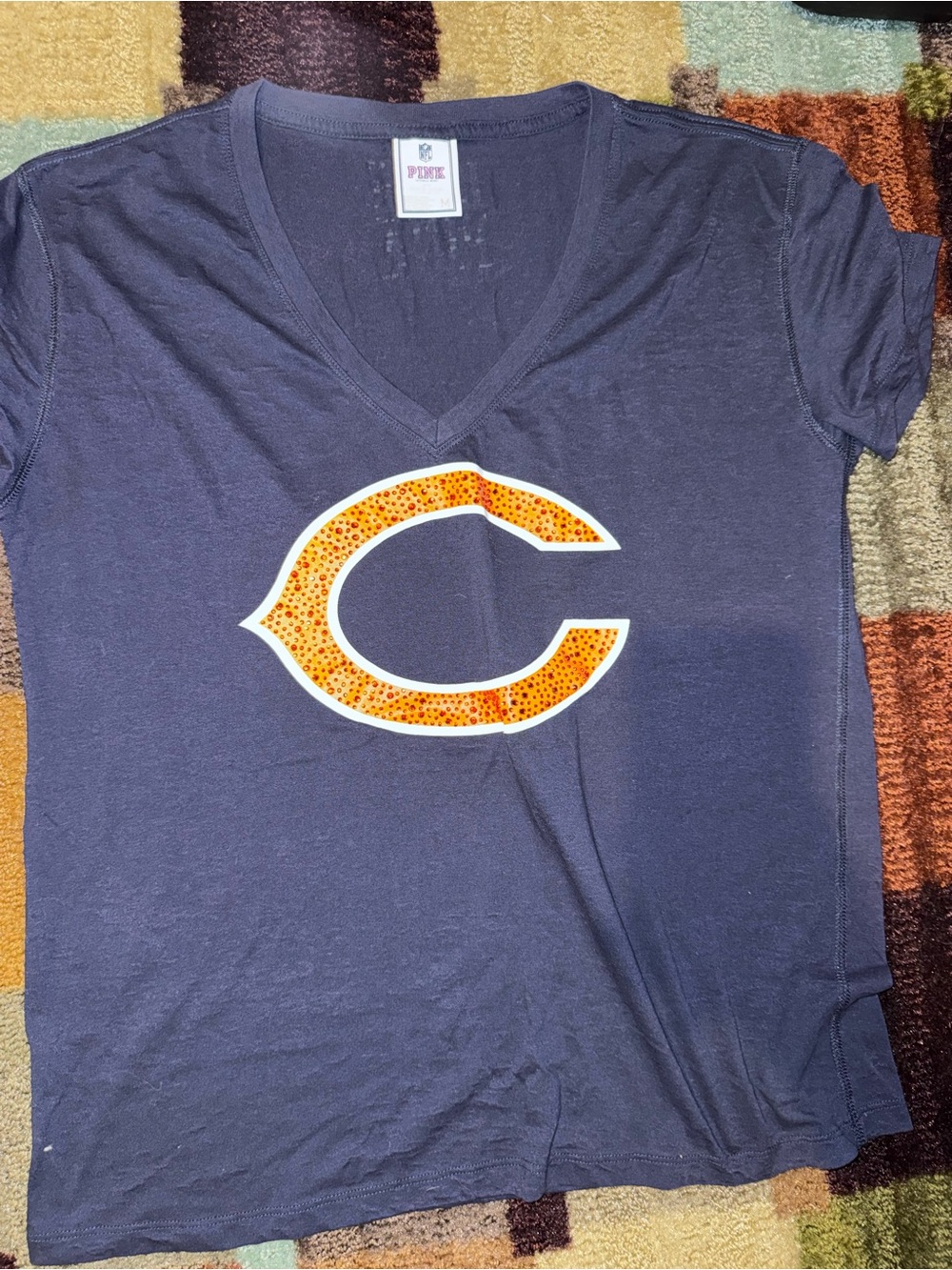 PINK Victoria's Secret Navy V-Neck Tee with Orange C Graphic